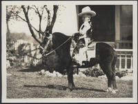 [young boy, dressed as a cowboy, on a pony]
