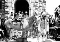 [Unidentified Indian man in Full-Feathered headdress standing by riderless saddled horse