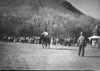 [With the mountains as a backdrop unidentified Cowboy rides a bucking bronc]