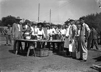[Cooks, cowboys, and cowgirls near a makeshift table on sawhorses, some are eating]