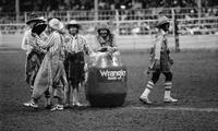 Rodeo clowns gathered at barrel