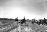 [Unidentified Cowboy leaving right side of bronc which is leaning to the right]