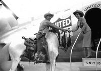 [Cowboy on horse perhaps delivering mail to stewardess standing on steps to airplane]