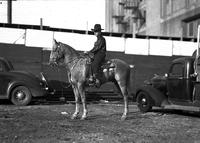 [Unidentified Cowboy facing left atop horse between car and truck]