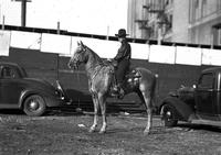 [Unidentified Cowboy facing left atop horse between car and truck]
