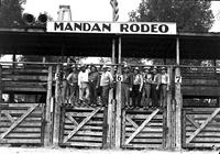 [Five cowboys standing on chute gate; five others standing on adjacent gate]
