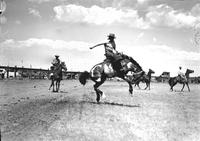 [D. J. McKenna riding and staying with bronc "Crowhop" as two mounted cowboys stand nearby]