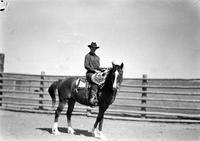 [Unidentified Cowboy on horseback with rope in hand; Pole fence behind]