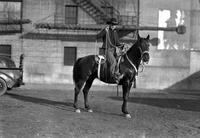 [Unidentified cowboy in Formal western wear atop a stationary horse holding rope loop at his side]