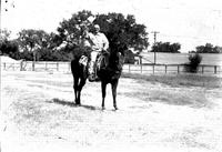 [Unidentified Cowboy with hat in hand over head on horse; trees and fence in background]