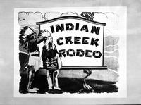 [Copy of photograph of two Indian men standing by sign which reads "Indian Creek Rodeo"]