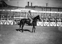[Unidentified Cowboy in profile on horse in front of chutes at Oklahoma Prison Rodeo]