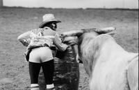 Rodeo clown Leon Coffee Bull fighting