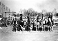 [Five Cowgirls and Cowboy in a line on horses]