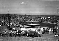 [Unidentified rodeo arena encircled by spectators with horses and vehicles in foreground]