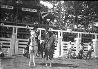 [Possibly Vaughn Krieg & husband, Lynn Huskey on horses in front of chutes]