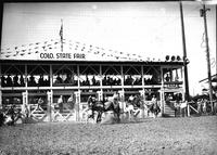 [Unidentified cowboy is head-first over bronc's head]