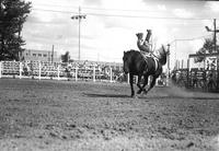 [Unidentified Cowboy leaving head-first off side of bronc]