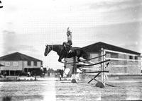 [Unidentified little girl on horse jumping over poles]