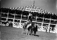 [Possibly the Ramsey Sisters each on a horse with one sister standing & spinning rope loop]