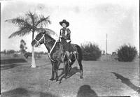 [Unidentified cowgirl on horse near small palm tree]