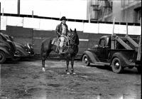 [Unidentified Cowboy atop stationary horse between truck and car and holding rope loop]