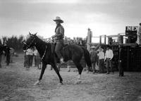 [Unidentified Cowboy on horseback; silver mounted tack, chutes and cowboys in background]