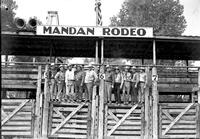 [Five cowboys standing on chute gate; five others standing on adjacent gate]