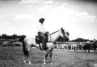 [Unidentified older cowboy in plain work-clothes on buckskin horse]