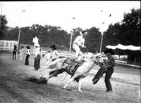 [Unidentified Cowboy doing Slick Saddle Stand approaching a standing cowboy]