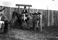 [Man in glasses, top hat, bow tie, stripped pants on horse with four unidentified Cowgirls]