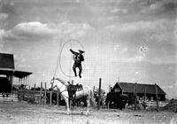 [Jr. Eskew spinning a large vertical rope loop through which he is jumping; all on stationary horse]