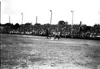 [Unidentified calf roper dismounted before crowd of spectators on bleachers]