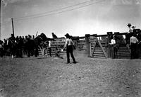 [Unidentified Cowboy in dirt shortly after leaving the chute as bronc's rear legs kick out and up]