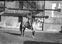[Unidentified cowboy holding rope head high with right hand atop horse]