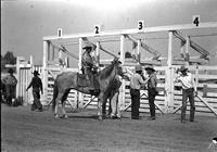 [Unidentified Cowboy on horse in profile as other cowboys talk in front of chutes]