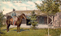 Chas. M. Russell on his "Cow Pony" at his Log Studio, Great Falls, Mont.
