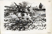 Untitled pen and ink drawing of a hunter with two dogs