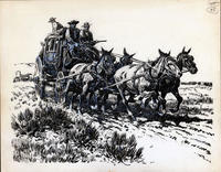 Untitled pen and ink drawing of three men on a stagecoach