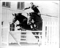 Unidentified cowboy roman jumping with 2 horses