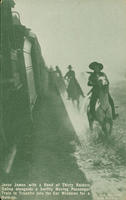 Jesse James with a band of thirty raiders gallop alongside a swiftly moving passenger train to transfer into the car windows for a hold-up