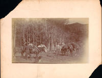[Two elk hunters with pack horses and hunting dog]