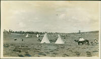 [Large Southern Ute encampment with tipis, wagons, and horses]