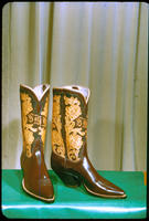 [Dark brown boots with tan pattern]