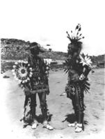 Jack Hokeah, left, and James Auchiah, noted Kiowa artists, at Gallup Ceremonial, circa 1929-30