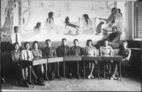 [Leonard Riddles, students and mural at Fort Sill Indian School]
