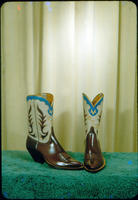 [Dark brown boots with white and blue pattern]