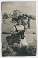 [Woman in European folk costume with pitcher and basket]