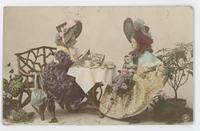 [Two girls in costume having a tea party]