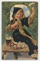 [Little girl in costume with Oktoberfest food]